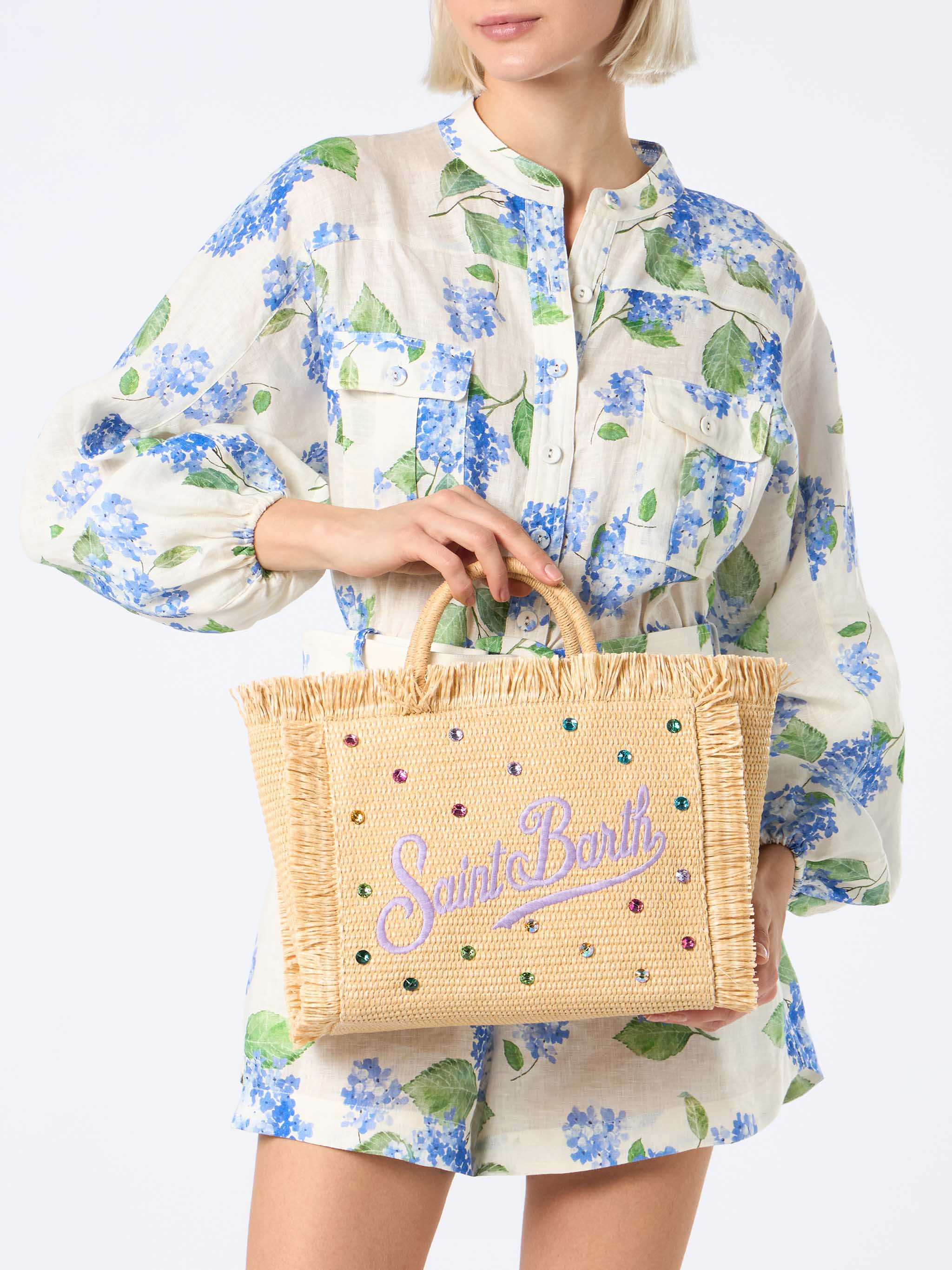 Borsa Colette in paglia beige naturale con decorazione in strass