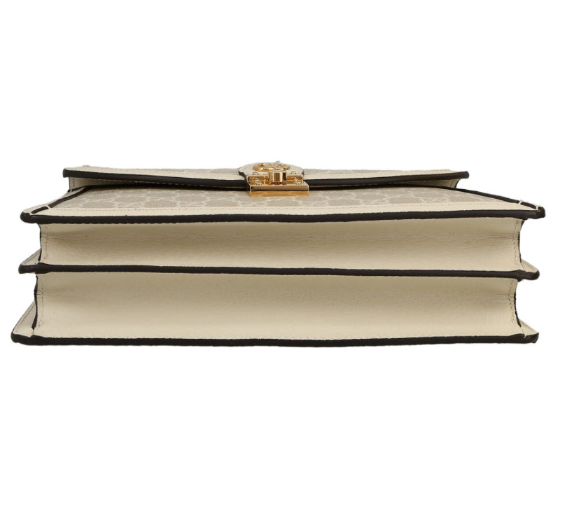 Borsa a tracolla Gucci Ophidia in tela siglata beige e pelle bianca
