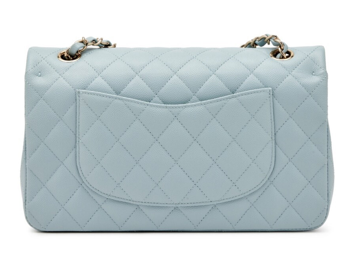 Chanel
Light Blue Quilted Caviar Medium Classic Double Flap Light Gold Hardware, 2022