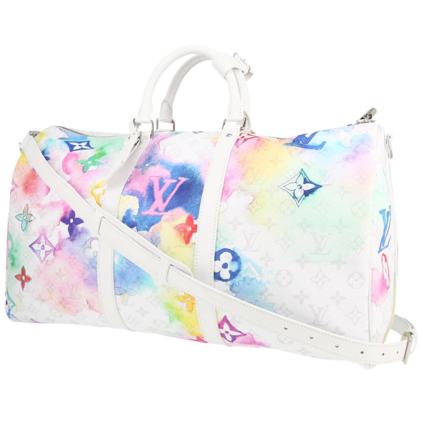 Borsa da viaggio Louis Vuitton Keepall Editions Limitées in tela monogram multicolore e pelle bianca