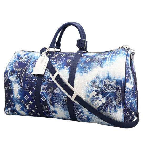 Borsa da viaggio Louis Vuitton Keepall Editions Limitées in tela monogram blu e bianca