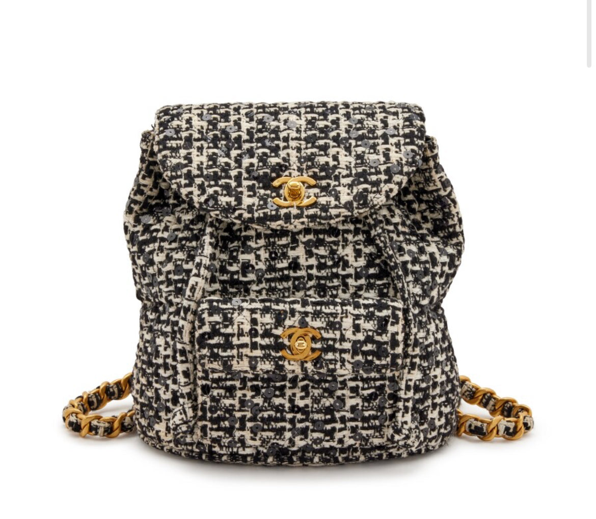 Chanel
Black and White Quilted Sequin Tweed Medium Duma Timeless CC Backpack Gold Hardware, 1994
