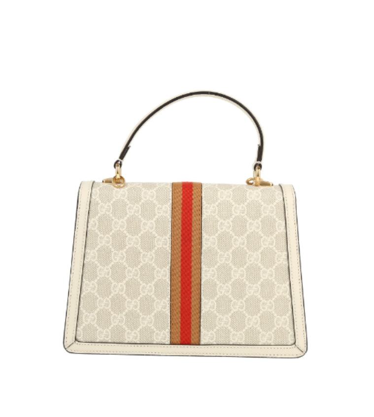 Borsa a tracolla Gucci Ophidia in tela siglata beige e pelle bianca