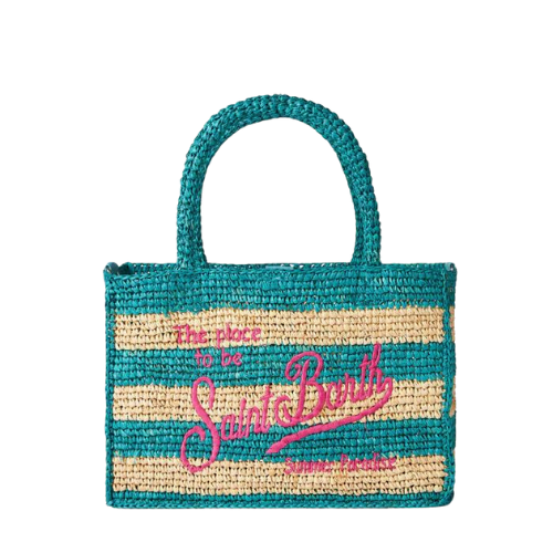 Borsa Colette in rafia a righe bianche e bluette