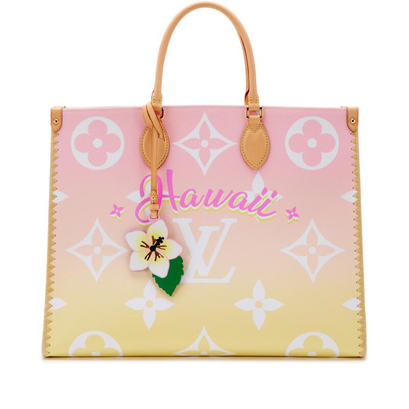 Louis Vuitton Light Pink and Yellow Giant Monogram Canvas and Raffia By the Pool Hawaii OnTheGo GM Gold Hardware, 2021